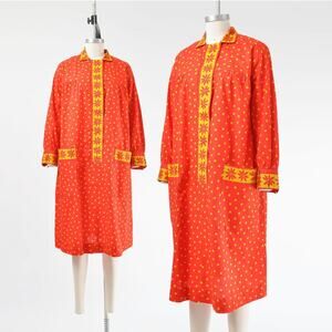 Vintage 60s Red Polka Dot Mod Collared Shift Long Sleeve Casual Smock Dress M L